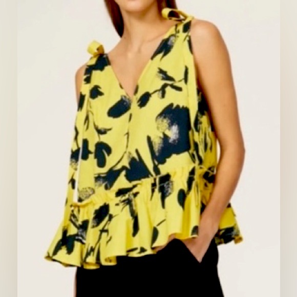 Jason Wu Yellow/Black Abstract Floral Top - Sleeveless/shoulder ties Size 10 - Picture 1 of 8